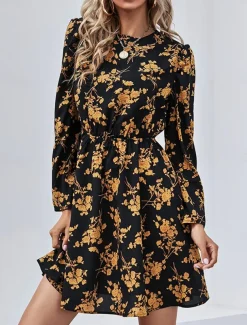 Women's Floral Crew Neck Maxi Dress Long Sleeve Spring Fall