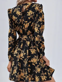 Women's Floral Crew Neck Maxi Dress Long Sleeve Spring Fall
