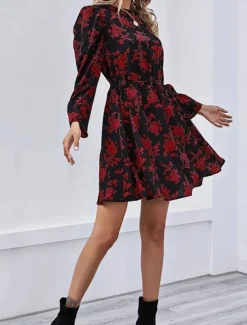Women's Floral Crew Neck Maxi Dress Long Sleeve Spring Fall