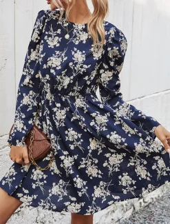 Women's Floral Crew Neck Maxi Dress Long Sleeve Spring Fall