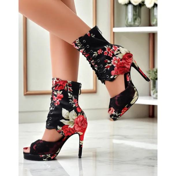 Women's Floral Dance Boots - Satin Peep Toe High Heel Professional Latin Ballroom Shoes with Elegant Rose Print, Ideal for Salsa, Tango and Stage Performances