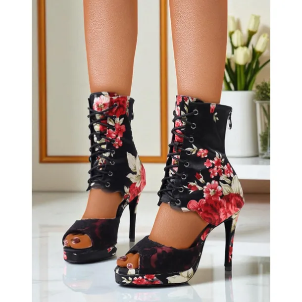 Women's Floral Dance Boots - Satin Peep Toe High Heel Professional Latin Ballroom Shoes with Elegant Rose Print, Ideal for Salsa, Tango and Stage Performances