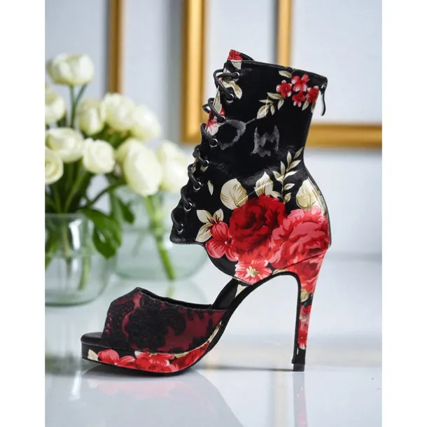 Women's Floral Dance Boots - Satin Peep Toe High Heel Professional Latin Ballroom Shoes with Elegant Rose Print, Ideal for Salsa, Tango and Stage Performances