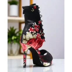 Women's Floral Dance Boots - Satin Peep Toe High Heel Professional Latin Ballroom Shoes with Elegant Rose Print, Ideal for Salsa, Tango and Stage Performances
