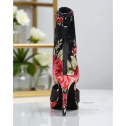 Women's Floral Dance Boots - Satin Peep Toe High Heel Professional Latin Ballroom Shoes with Elegant Rose Print, Ideal for Salsa, Tango and Stage Performances