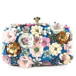 Women's Floral Embellished Evening Clutch – 3D Flower Handbag with Gold Chain Strap for Weddings, Proms, and Formal Parties