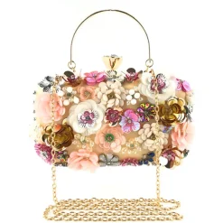 Women's Floral Embellished Evening Clutch – 3D Flower Handbag with Gold Chain Strap for Weddings, Proms, and Formal Parties