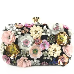 Women's Floral Embellished Evening Clutch – 3D Flower Handbag with Gold Chain Strap for Weddings, Proms, and Formal Parties