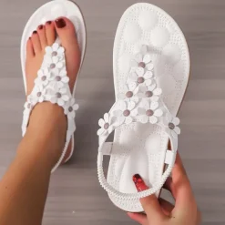 Women's Floral Embellished T-Strap Sandals with Cushioned Sole – Perfect for Casual Summer Outings