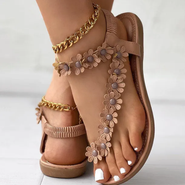 Women's Floral Embellished T-Strap Sandals with Cushioned Sole – Perfect for Casual Summer Outings