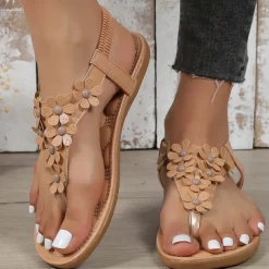 Women's Floral Embellished T-Strap Sandals with Cushioned Sole – Perfect for Casual Summer Outings