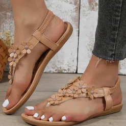 Women's Floral Embellished T-Strap Sandals with Cushioned Sole – Perfect for Casual Summer Outings