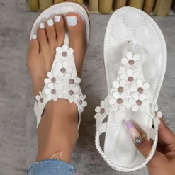 Women's Floral Embellished T-Strap Sandals with Cushioned Sole – Perfect for Casual Summer Outings