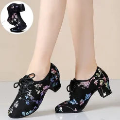 Women's Floral Embroidered Breathable Mesh Lace-Up Dance Shoes with Low Block Heel – Perfect for Ballroom and Latin Dance