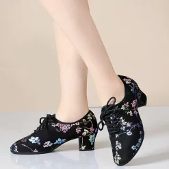 Women's Floral Embroidered Breathable Mesh Lace-Up Dance Shoes with Low Block Heel – Perfect for Ballroom and Latin Dance
