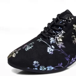 Women's Floral Embroidered Breathable Mesh Lace-Up Dance Shoes with Low Block Heel – Perfect for Ballroom and Latin Dance