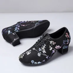 Women's Floral Embroidered Breathable Mesh Lace-Up Dance Shoes with Low Block Heel – Perfect for Ballroom and Latin Dance