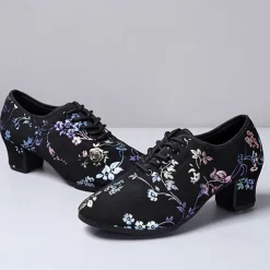 Women's Floral Embroidered Breathable Mesh Lace-Up Dance Shoes with Low Block Heel – Perfect for Ballroom and Latin Dance