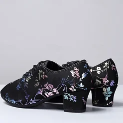 Women's Floral Embroidered Breathable Mesh Lace-Up Dance Shoes with Low Block Heel – Perfect for Ballroom and Latin Dance