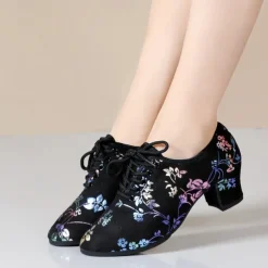 Women's Floral Embroidered Breathable Mesh Lace-Up Dance Shoes with Low Block Heel – Perfect for Ballroom and Latin Dance