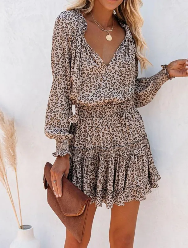 Women's Floral Leopard Ruched Ruffle V Neck Mini Dress Daily Vacation Long Sleeve Summer Spring