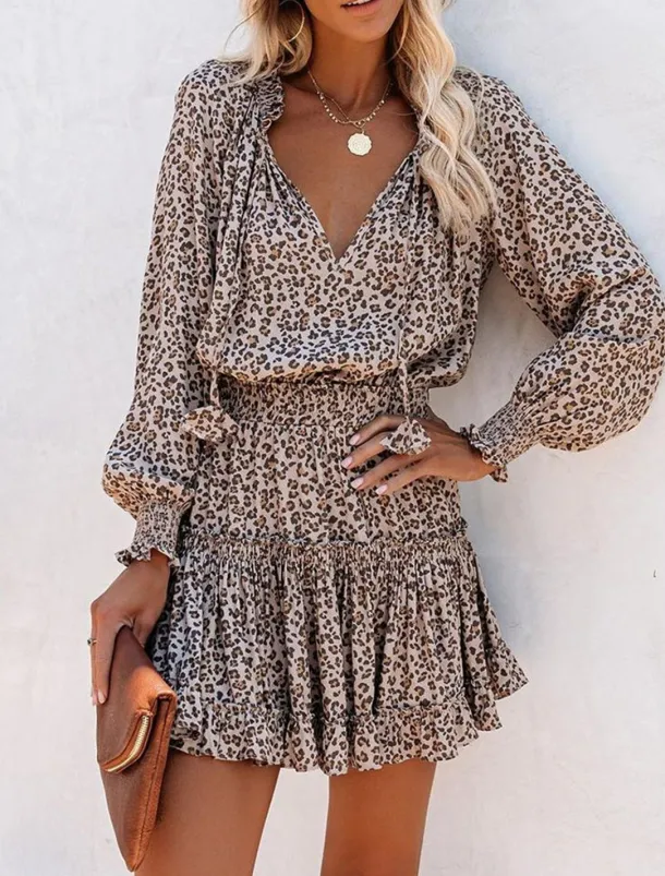Women's Floral Leopard Ruched Ruffle V Neck Mini Dress Daily Vacation Long Sleeve Summer Spring