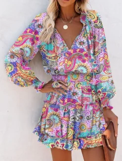 Women's Floral Leopard Ruched Ruffle V Neck Mini Dress Daily Vacation Long Sleeve Summer Spring