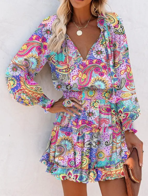 Women's Floral Leopard Ruched Ruffle V Neck Mini Dress Daily Vacation Long Sleeve Summer Spring