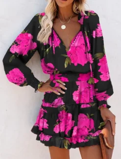 Women's Floral Leopard Ruched Ruffle V Neck Mini Dress Daily Vacation Long Sleeve Summer Spring