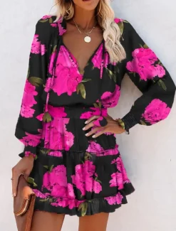 Women's Floral Leopard Ruched Ruffle V Neck Mini Dress Daily Vacation Long Sleeve Summer Spring