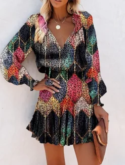 Women's Floral Leopard Ruched Ruffle V Neck Mini Dress Daily Vacation Long Sleeve Summer Spring