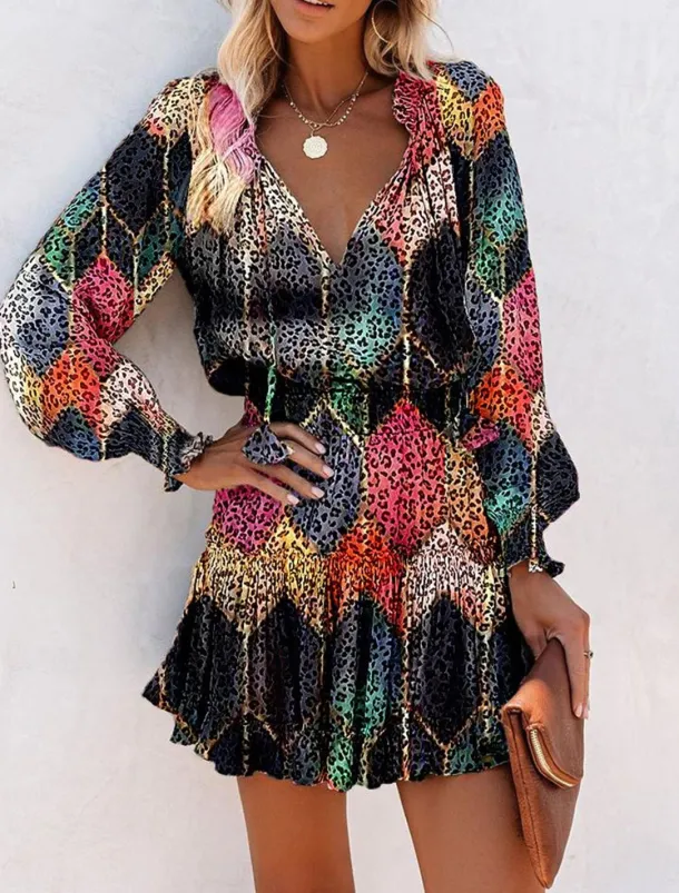 Women's Floral Leopard Ruched Ruffle V Neck Mini Dress Daily Vacation Long Sleeve Summer Spring