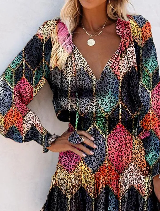 Women's Floral Leopard Ruched Ruffle V Neck Mini Dress Daily Vacation Long Sleeve Summer Spring
