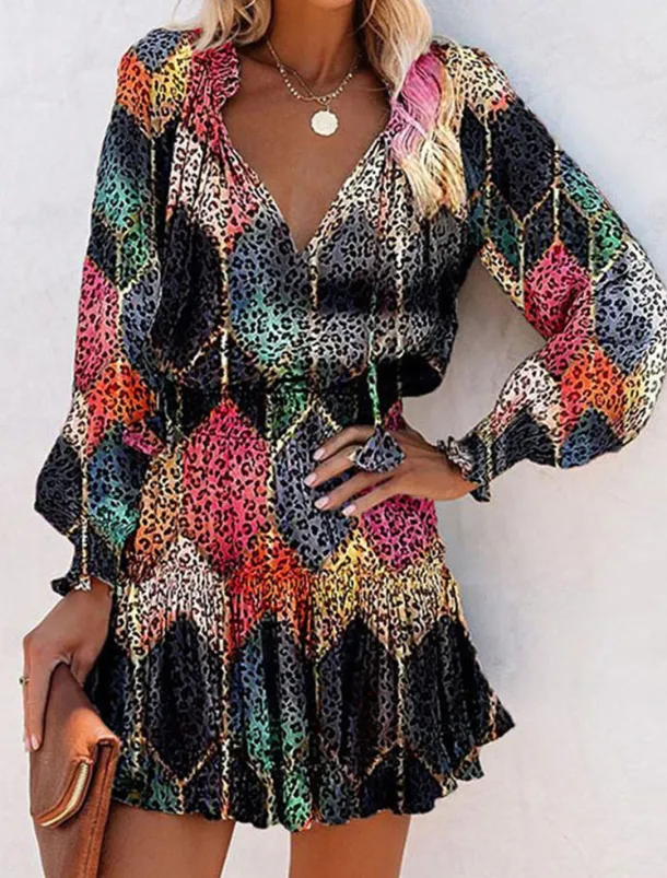 Women's Floral Leopard Ruched Ruffle V Neck Mini Dress Daily Vacation Long Sleeve Summer Spring