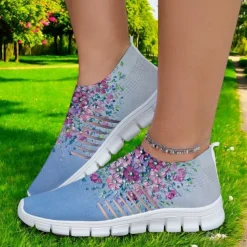 Women's Floral Mesh Slip-On Sneakers – Lightweight Breathable Walking Shoes for Casual Wear, Travel and Outdoor Activities