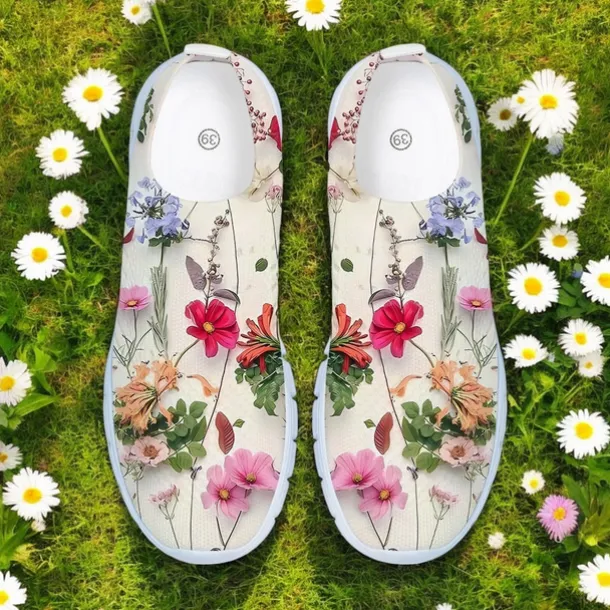 Women's Floral Mesh Slip-On Sneakers – Lightweight Breathable Walking Shoes for Casual Wear, Travel and Outdoor Activities