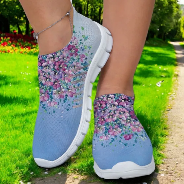 Women's Floral Mesh Slip-On Sneakers – Lightweight Breathable Walking Shoes for Casual Wear, Travel and Outdoor Activities