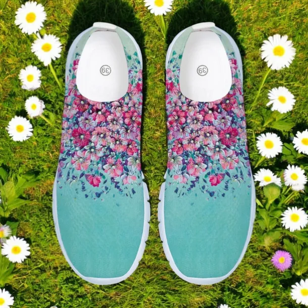 Women's Floral Mesh Slip-On Sneakers – Lightweight Breathable Walking Shoes for Casual Wear, Travel and Outdoor Activities