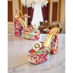 Women's Floral Platform High Heels – 1920s Colorful Baroque-Style Sandals with Pearl Embellishments for Parties, Stage Shows, and Glamorous Occasions