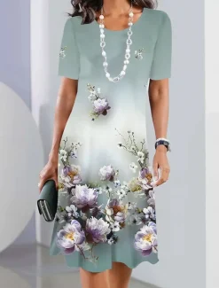 Women's Floral Print Crew Neck Mini Dress Stylish Formal Cocktail Party Short Sleeve Summer