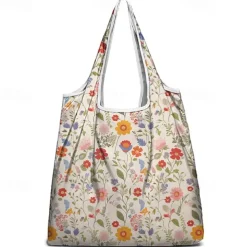 Women's Floral Print Reusable Tote Bag, Eco-Friendly Foldable Shopping Bag for Everyday Use