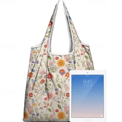 Women's Floral Print Reusable Tote Bag, Eco-Friendly Foldable Shopping Bag for Everyday Use