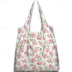Women's Floral Print Reusable Tote Bag, Eco-Friendly Foldable Shopping Bag for Everyday Use