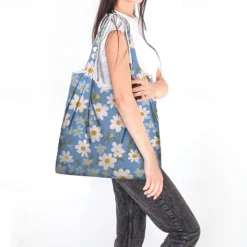 Women's Floral Print Reusable Tote Bag, Eco-Friendly Foldable Shopping Bag for Everyday Use