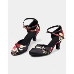 Women's Floral Satin Latin Dance Heels – Elegant Strappy Ballroom Shoes for Performances & Salsa Practice