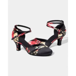 Women's Floral Satin Latin Dance Heels – Elegant Strappy Ballroom Shoes for Performances & Salsa Practice