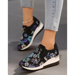 Women's Floral Sequin Slip-On Sneakers - Comfortable Glitter Casual Shoes with Wedge Sole, Perfect for Walking or Party Wear