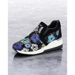 Women's Floral Sequin Slip-On Sneakers - Comfortable Glitter Casual Shoes with Wedge Sole, Perfect for Walking or Party Wear