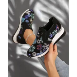 Women's Floral Sequin Slip-On Sneakers - Comfortable Glitter Casual Shoes with Wedge Sole, Perfect for Walking or Party Wear