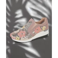 Women's Floral Sequin Slip-On Sneakers - Comfortable Glitter Casual Shoes with Wedge Sole, Perfect for Walking or Party Wear